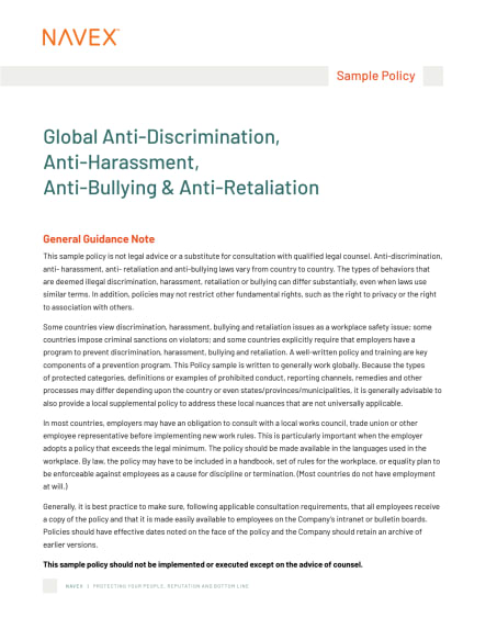 Global Anti Discrimination Anti Harassment Sample Policy NAVEX